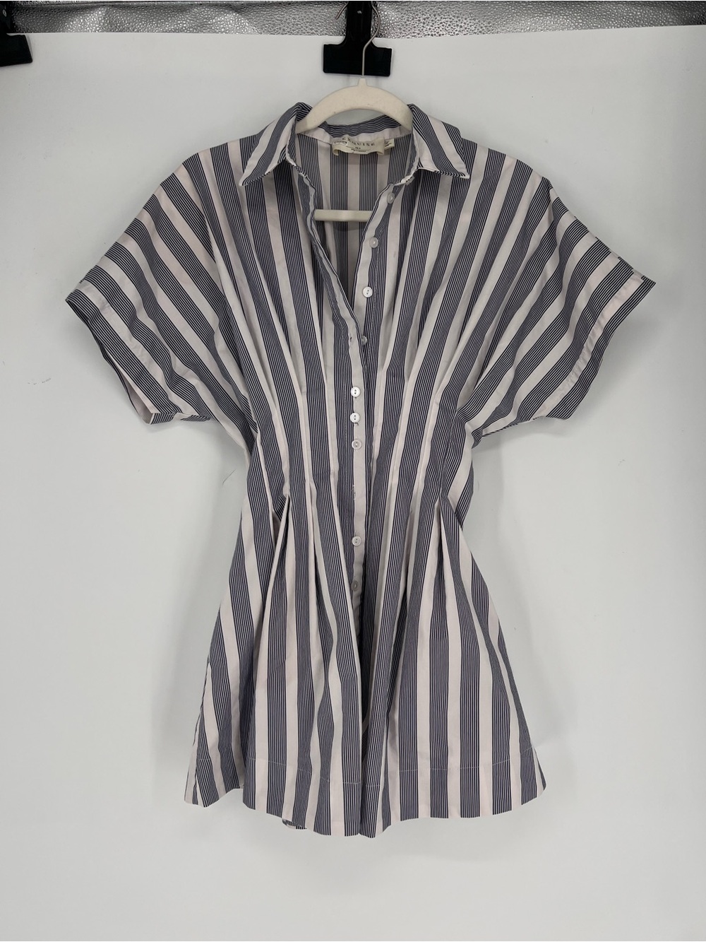 Exquise Tobie Navy White Striped Pleated Short Sleeve Classic Mini Dress XSP